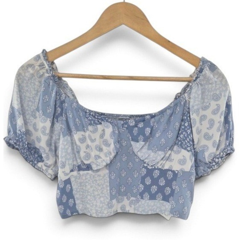 Hollister Smocked Crop Top S Blue White Patchwork Paisley Boho Festival Cottage